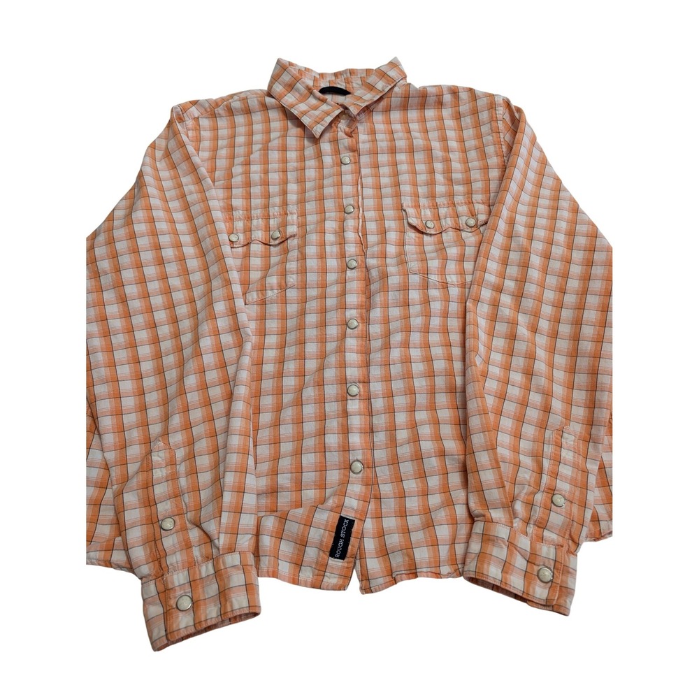 Rough Stock Panhandle Slim pearl‎ snap women's M orange white plaid 100% cotton